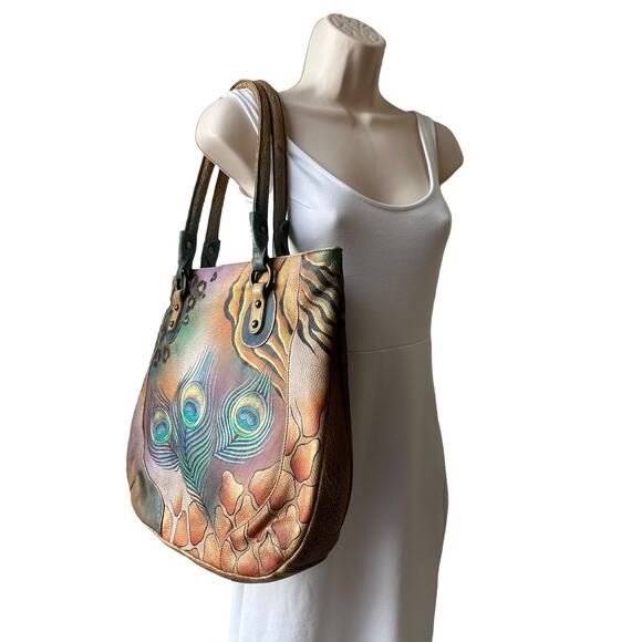 Anuschka Peacock Safari Hand Painted and Signed Leather Large Tote Bag - Picture 3 of 15